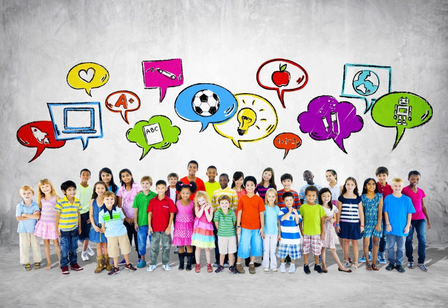 Children standing in front of a wall with illustrated thought bubbles